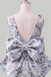 Pink Green Jacquard Bodycon Bateau Neck Floral Homecoming Dress with Large Bow