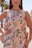 Pink Green Jacquard Bodycon Bateau Neck Floral Homecoming Dress with Large Bow