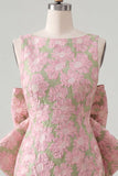 Pink Green Jacquard Bodycon Bateau Neck Floral Homecoming Dress with Large Bow