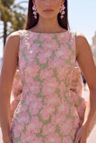 Pink Green Jacquard Bodycon Bateau Neck Floral Homecoming Dress with Large Bow