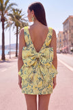 Pink Green Jacquard Bodycon Bateau Neck Floral Homecoming Dress with Large Bow