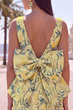 Pink Green Jacquard Bodycon Bateau Neck Floral Homecoming Dress with Large Bow