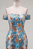 Sparkly Blue Flower Off the Shoulder Bodycon Sequins Short Homecoming Dress