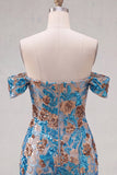 Sparkly Blue Flower Off the Shoulder Bodycon Sequins Short Homecoming Dress