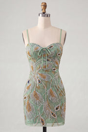 Green Bodycon Beaded Short Homecoming Dress with Lace Up Back