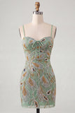 Green Bodycon Beaded Short Homecoming Dress with Lace Up Back