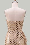 Strapless Champagne Black Dot Bodycon Sequins Short Homecoming Dress with Sash