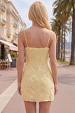 Yellow Bodycon Ruched Spaghetti Straps Floral Embroidery Homecoming Dress