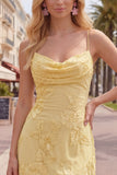 Yellow Bodycon Ruched Spaghetti Straps Floral Embroidery Homecoming Dress