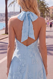 A-Line Yellow Halter Backless Short Homecoming Dress with Floral Embroidery