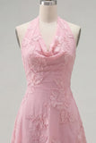 A-Line Yellow Halter Backless Short Homecoming Dress with Floral Embroidery