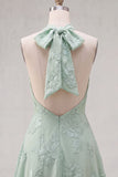 A-Line Yellow Halter Backless Short Homecoming Dress with Floral Embroidery