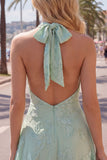 A-Line Yellow Halter Backless Short Homecoming Dress with Floral Embroidery