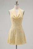 A-Line Yellow Halter Backless Short Homecoming Dress with Floral Embroidery
