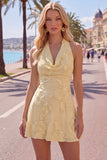 A-Line Yellow Halter Backless Short Homecoming Dress with Floral Embroidery