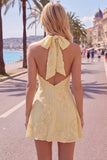 A-Line Yellow Halter Backless Short Homecoming Dress with Floral Embroidery