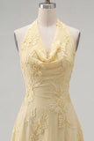 A-Line Yellow Halter Backless Short Homecoming Dress with Floral Embroidery