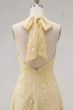 A-Line Yellow Halter Backless Short Homecoming Dress with Floral Embroidery