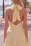 A-Line Yellow Halter Backless Short Homecoming Dress with Floral Embroidery