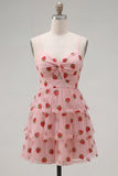 A-Line Pink Keyhole Tiered Ruffled Spaghetti Straps Ruched Homecoming Dress