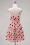 A-Line Pink Keyhole Tiered Ruffled Spaghetti Straps Ruched Homecoming Dress