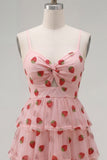 A-Line Pink Keyhole Tiered Ruffled Spaghetti Straps Ruched Homecoming Dress