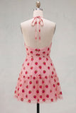 A-Line Pink Halter Neck Printed Ruffled Short Homecoming Dress