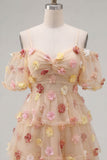 Champagne Cold Shoulder A-Line Tiered Ruffled Homecoming Dress with 3D Flowers