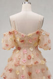 Champagne Cold Shoulder A-Line Tiered Ruffled Homecoming Dress with 3D Flowers