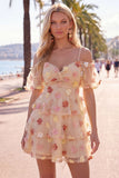 Champagne Cold Shoulder A-Line Tiered Ruffled Homecoming Dress with 3D Flowers
