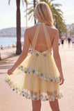 Apricot Halter Neck A-Line Tiered Ruffled Short Homecoming Dress with 3D Flowers