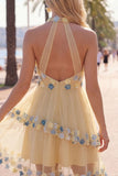 Apricot Halter Neck A-Line Tiered Ruffled Short Homecoming Dress with 3D Flowers