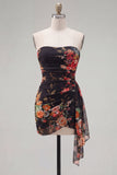 Black Red Flower Sweetheart Ruched Floral Tight Short Homecoming Dress with Sash