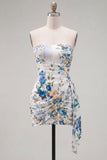 Black Red Flower Sweetheart Ruched Floral Tight Short Homecoming Dress with Sash