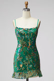 Dark Green Bodycon Floral Ruffled Short Cocktail Dress with Lace Up Back
