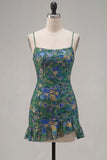 Dark Green Bodycon Floral Ruffled Short Homecoming Dress with Lace Up Back