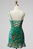 Dark Green Bodycon Floral Ruffled Short Cocktail Dress with Lace Up Back