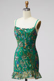 Dark Green Bodycon Floral Ruffled Short Cocktail Dress with Lace Up Back