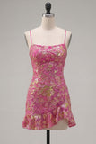 Dark Green Bodycon Floral Ruffled Short Homecoming Dress with Lace Up Back