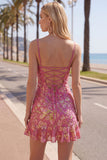 Dark Green Bodycon Floral Ruffled Short Homecoming Dress with Lace Up Back