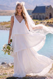 White V-Neck Tiered Sleeveless Maxi Elopement Wedding Dress