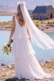 White V-Neck Tiered Sleeveless Maxi Elopement Wedding Dress