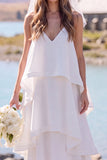 White V-Neck Tiered Sleeveless Maxi Elopement Wedding Dress