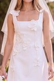 White A-Line Square Neck Sleeveless Mini Elopement Wedding Dress with 3D Flower