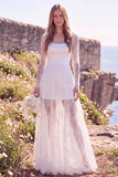 White Square Neck Long Sleeves Maxi Elopement Wedding Dress with Lace