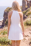 White A-Line High Neck Short Elopement Wedding Dress with 3D Flower