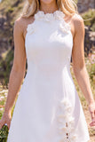 White A-Line High Neck Short Elopement Wedding Dress with 3D Flower