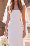 White Sheath Square Neck Cut Out Maxi Elopement Wedding Dress with 3D Flower