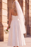 White A-Line Strapless Pleated Tea-Length Elopement Wedding Dress