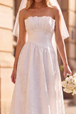 White A-Line Strapless Pleated Tea-Length Elopement Wedding Dress